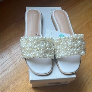 A New Day White Pearl Embellished Slide Sandals